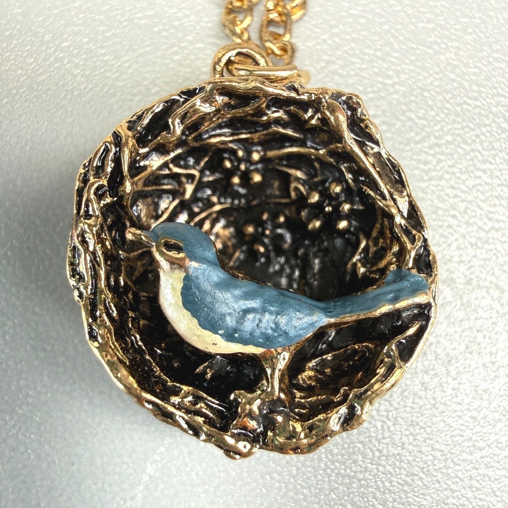 Vintage Necklace Figural Bird in Nest Blue Enamel Gold Tone 17" Whimsical